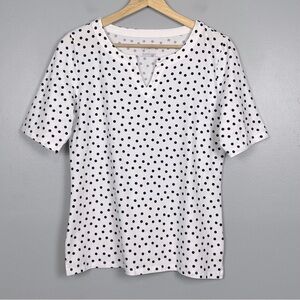 Talbots The Talbots Tee cotton spandex white black polka dots notch neck top, M.